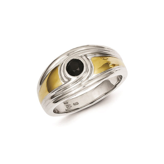 Sterling Silver w/ Gold Plating and Round Black Diamond Mens Ring