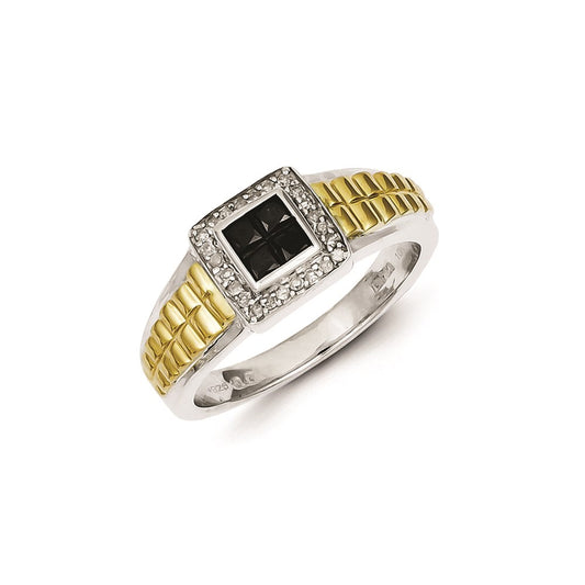 Sterling Silver and Gold Plated Black & White Diamond Square Men's Ring