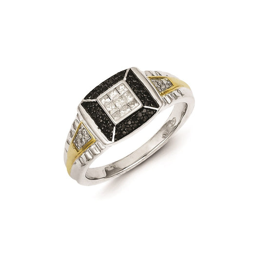 Sterling Silver and Gold Plated Black & White Diamond Men's Ring