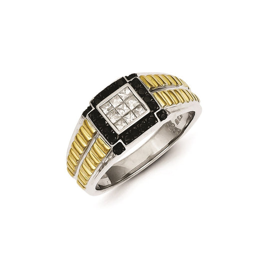 Sterling Silver and Gold Plated Black & White Diamond Men's Ring