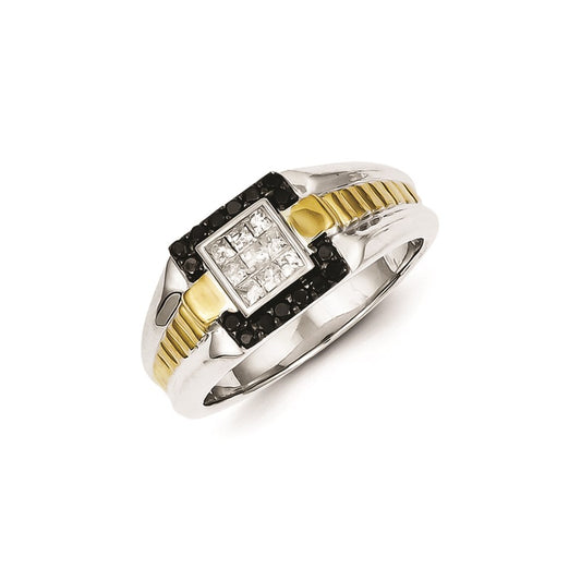 Sterling Silver and Gold Plated Black & White Diamond Men's Ring