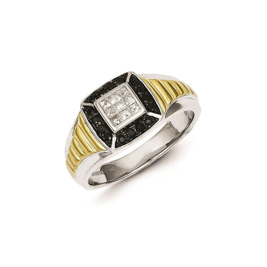 Sterling Silver and Gold Plated Black & White Diamond Men's Ring