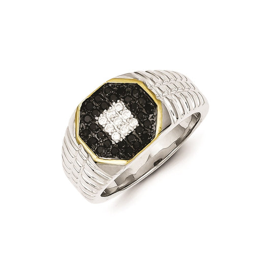 Sterling Silver and Gold Plated Black and White Diamond Men's Ring