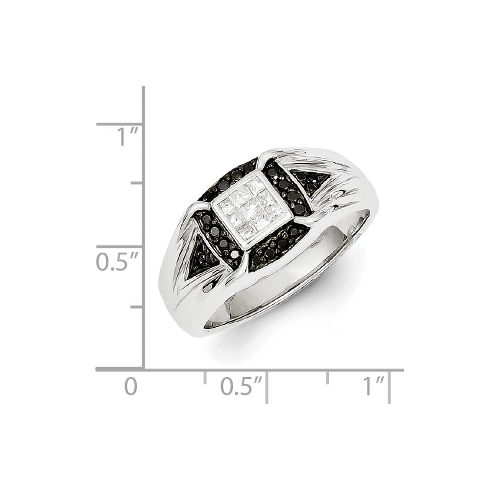 Sterling Silver Rhodium Plated Black and White Diamond Men's Ring