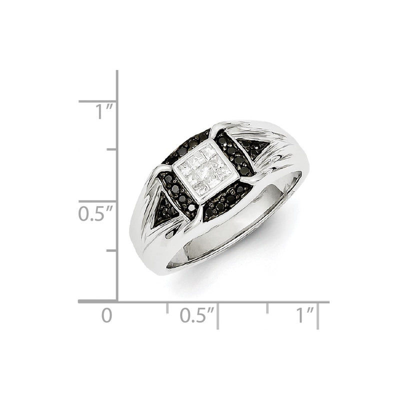 Sterling Silver Rhodium Plated Black and White Diamond Men's Ring