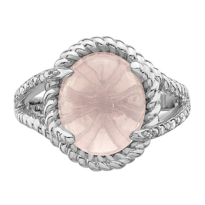 Sterling Silver Rhodium-plated Rose Quartz and Diamond Ring
