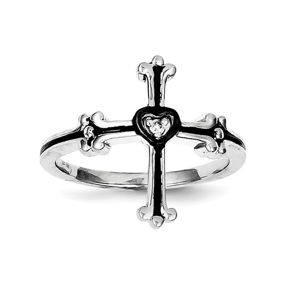 Sterling Silver Diamond Cross Black Rhodium-plated Ring