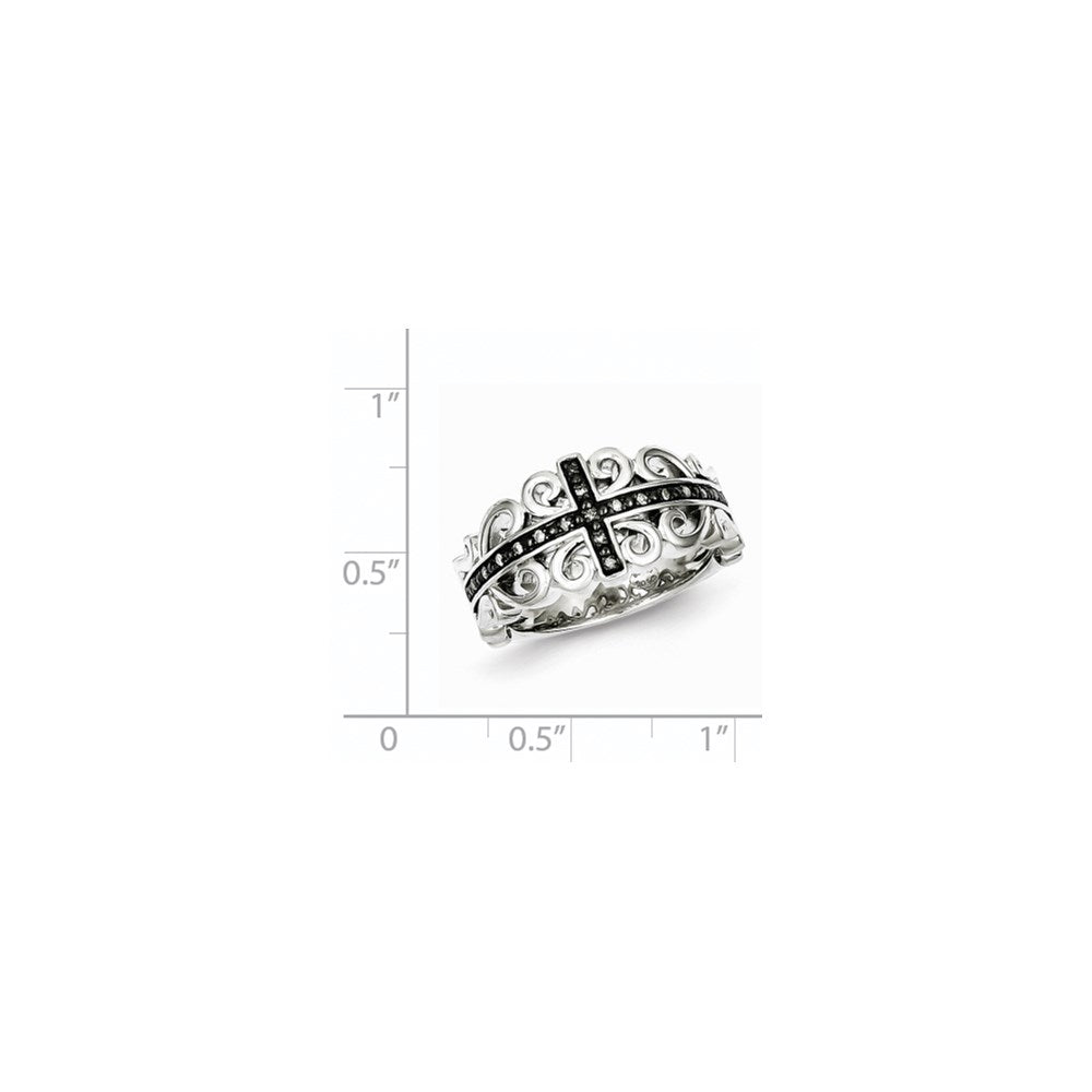 Sterling Silver Diamond Black Rhodium-plated Cross Ring