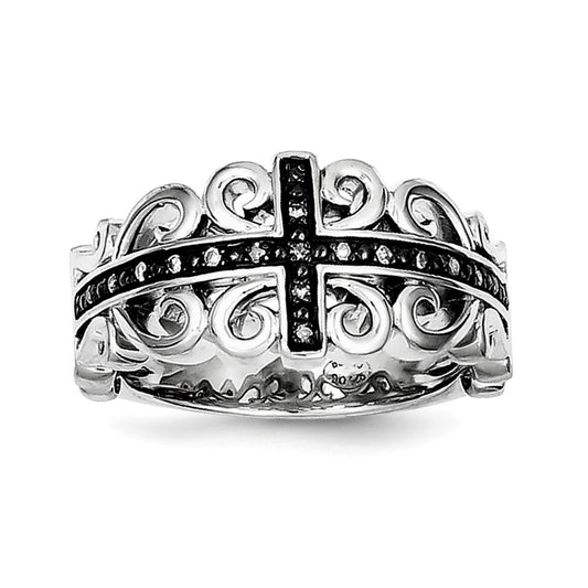 Sterling Silver Diamond Black Rhodium-plated Cross Ring
