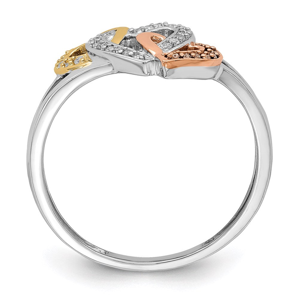 Sterling Silver Rhodium & 14k Yellow/Rose Gold Diamonds Three Heart Ring