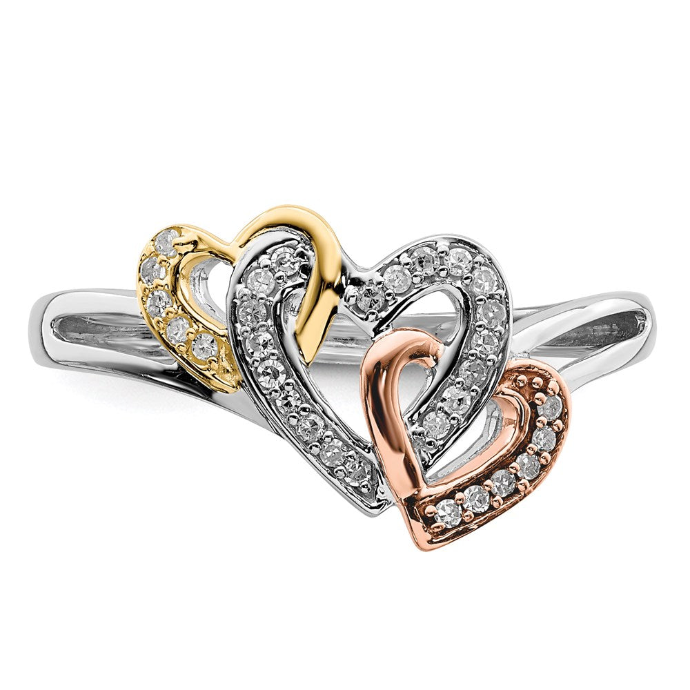 Sterling Silver Rhodium & 14k Yellow/Rose Gold Diamonds Three Heart Ring