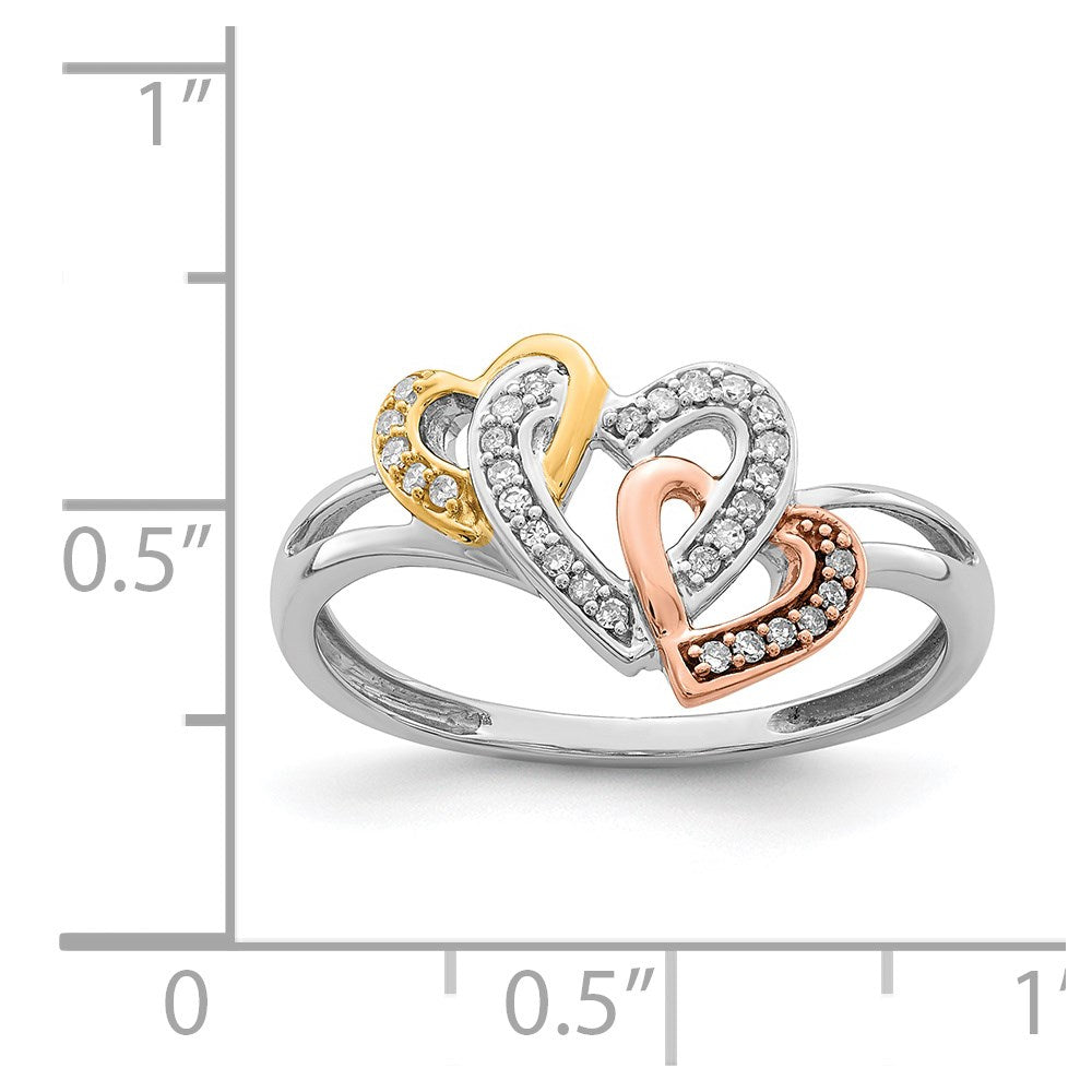 Sterling Silver Rhodium & 14k Yellow/Rose Gold Diamonds Three Heart Ring