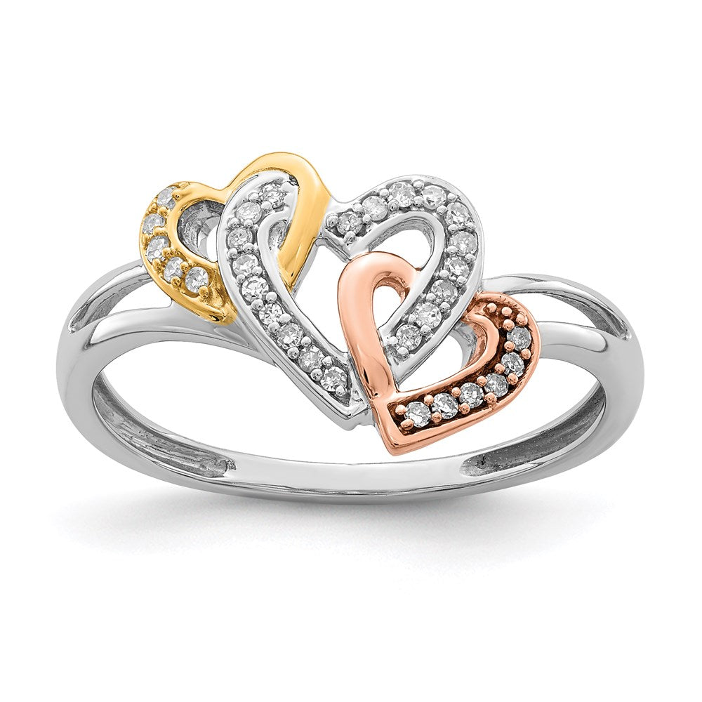 Sterling Silver Rhodium & 14k Yellow/Rose Gold Diamonds Three Heart Ring