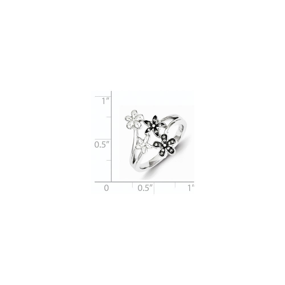 Sterling Silver Diamond Black Rhodium-plated Flowers Ring