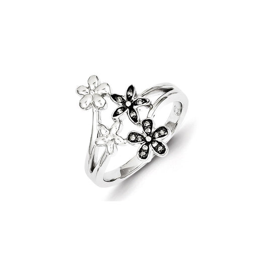 Sterling Silver Diamond Black Rhodium-plated Flowers Ring