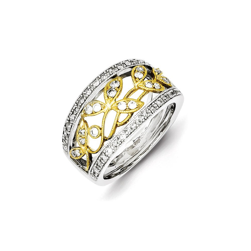 Sterling Silver & Flash Gold Plated Diamond Leaves Ring