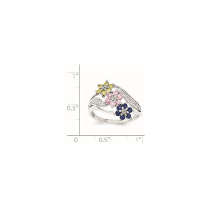 Sterling Silver Floral Blue/Pink/Yellow Sapphire & Diamond Ring
