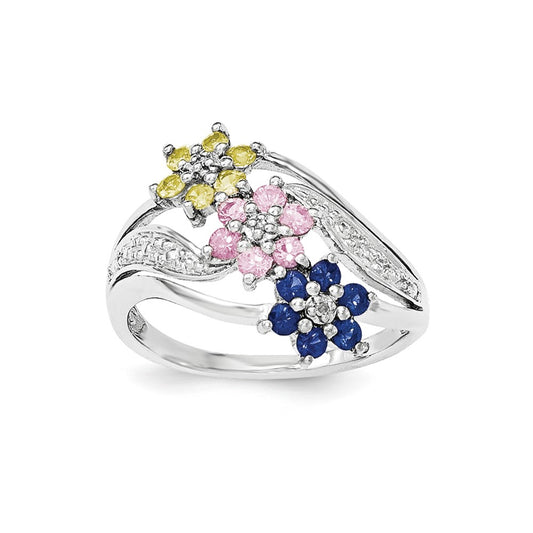 Sterling Silver Floral Blue/Pink/Yellow Sapphire & Diamond Ring