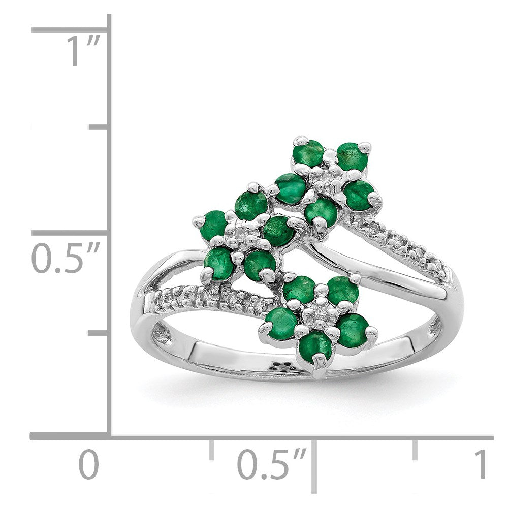 Sterling Silver Rhodium-plated 3 Flower Emerald and Diamond Ring