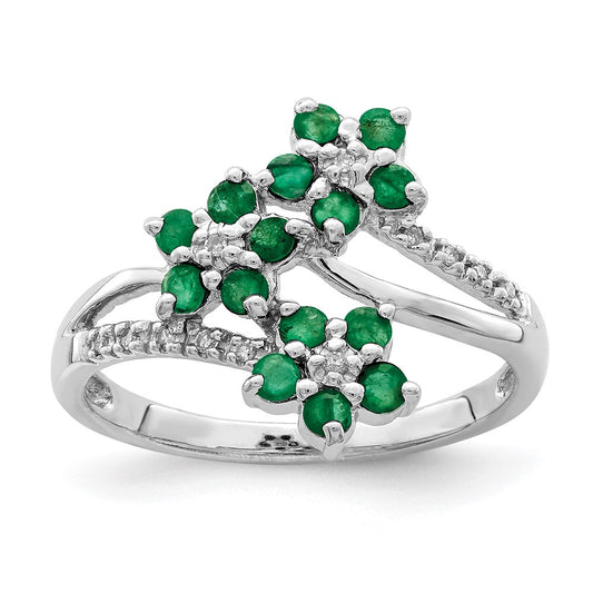 Sterling Silver Rhodium-plated 3 Flower Emerald and Diamond Ring