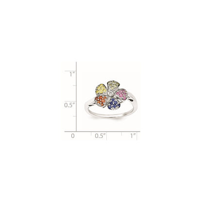Sterling Silver Polished Multi Sapphire & Diamond Flower Ring
