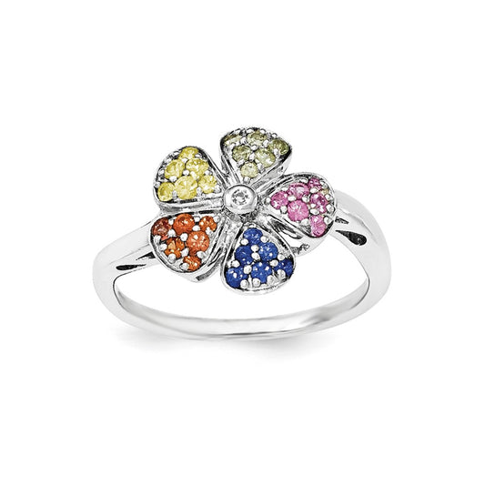 Sterling Silver Polished Multi Sapphire & Diamond Flower Ring