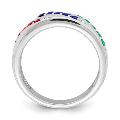 Sterling Silver Rhodium-plated Emerald, Ruby & Sapphire Ring