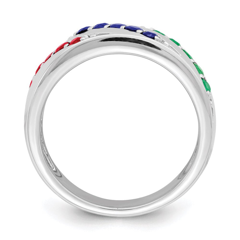 Sterling Silver Rhodium-plated Emerald, Ruby & Sapphire Ring