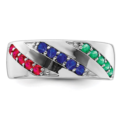 Sterling Silver Rhodium-plated Emerald, Ruby & Sapphire Ring