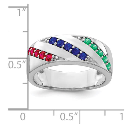 Sterling Silver Rhodium-plated Emerald, Ruby & Sapphire Ring