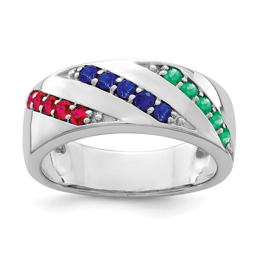 Sterling Silver Rhodium-plated Emerald, Ruby & Sapphire Ring