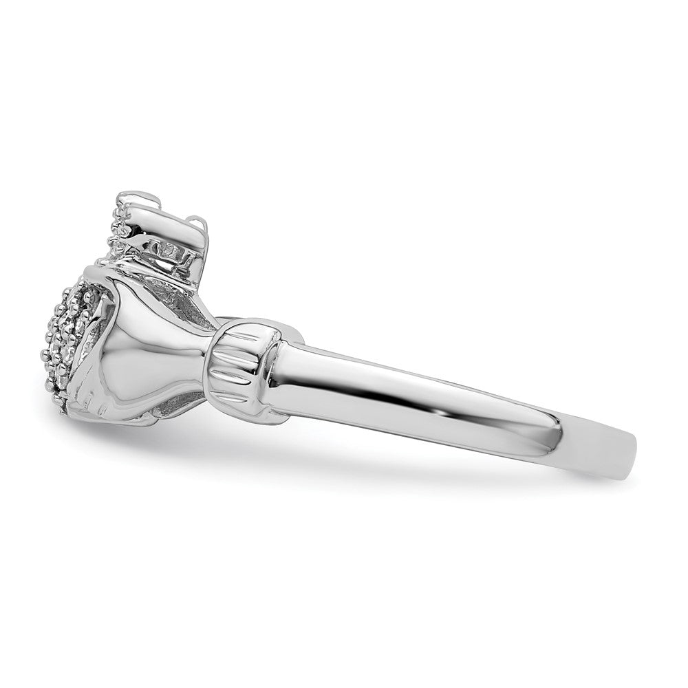 Sterling Silver Rhodium Diamond Claddagh Ring