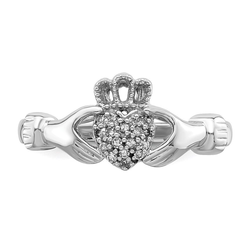 Sterling Silver Rhodium Diamond Claddagh Ring