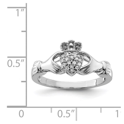 Sterling Silver Rhodium Diamond Claddagh Ring