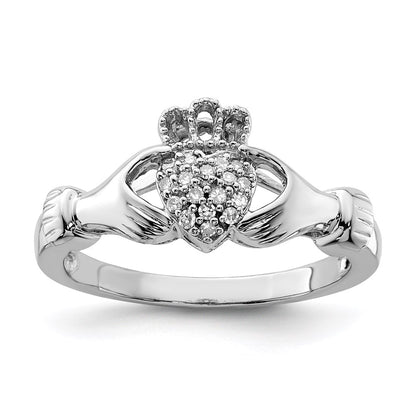 Sterling Silver Rhodium Diamond Claddagh Ring