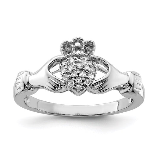 Sterling Silver Rhodium Diamond Claddagh Ring
