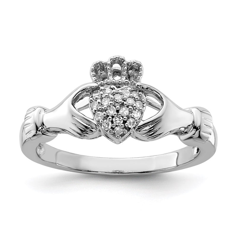 Sterling Silver Rhodium Diamond Claddagh Ring