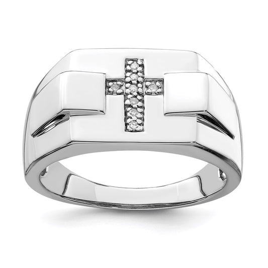 Sterling Silver Rhodium Diamond Cross Signet Ring