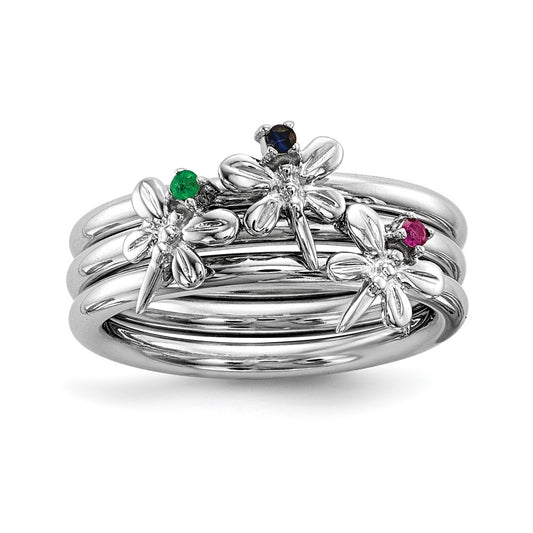 Sterling Silver Rhodium-plate Set of 3 Sapphire, Ruby, Emerald Rings
