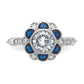 Sterling Silver Rhodium-plated CZ and Lab Cr. Blue Sapphire Flower Ring