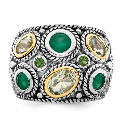 Sterling Silver Rhodium w/14k Green Quartz, Onyx, Peridot Dome Ring
