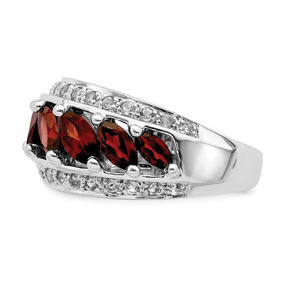 Sterling Silver Rhod-plated Marquise Garnet/White Topaz 7-stone Ring