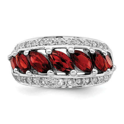 Sterling Silver Rhod-plated Marquise Garnet/White Topaz 7-stone Ring