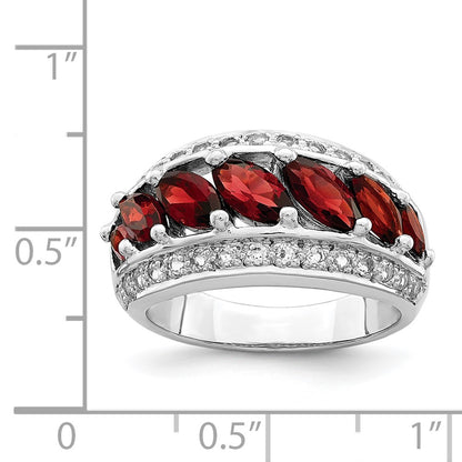 Sterling Silver Rhod-plated Marquise Garnet/White Topaz 7-stone Ring