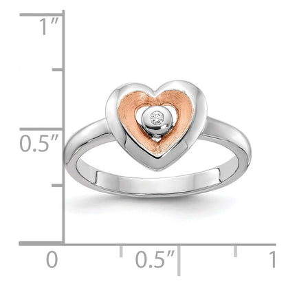Sterling Silver RH-plated Rose Gold-plated Polished Satin Diamond Heart Rin
