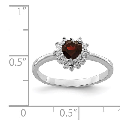 Sterling Silver Rhodium-plated Garnet & CZ Heart Ring