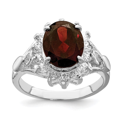 Sterling Silver Rhodium-plated Garnet & CZ Ring