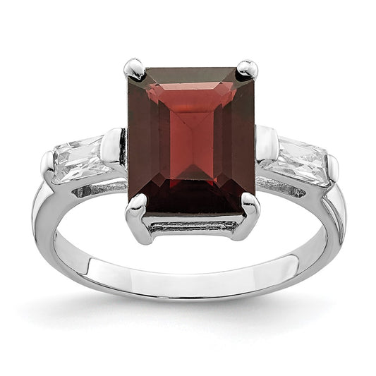 Sterling Silver Rhodium-plated Garnet & CZ Ring