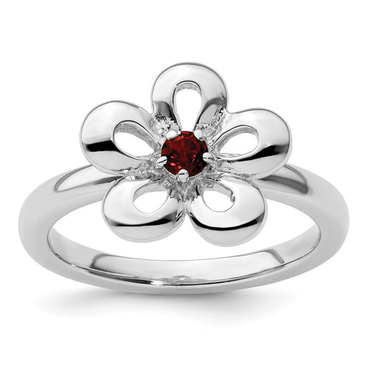 Sterling Silver Stackable Expressions Polished Garnet Flower Ring