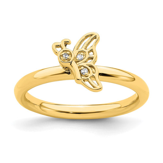 Sterling Silver Stackable Expressions Gold-plated Butterfly w/Diamond Ring